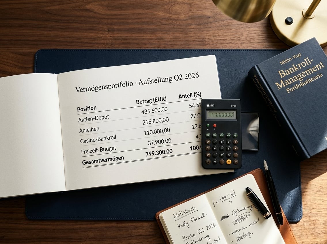 Fachliteratur zum Bankroll-Management, Portfolioaufstellung mit farblich markierten Positionen und ein Taschenrechner auf dem Kanzleischreibtisch