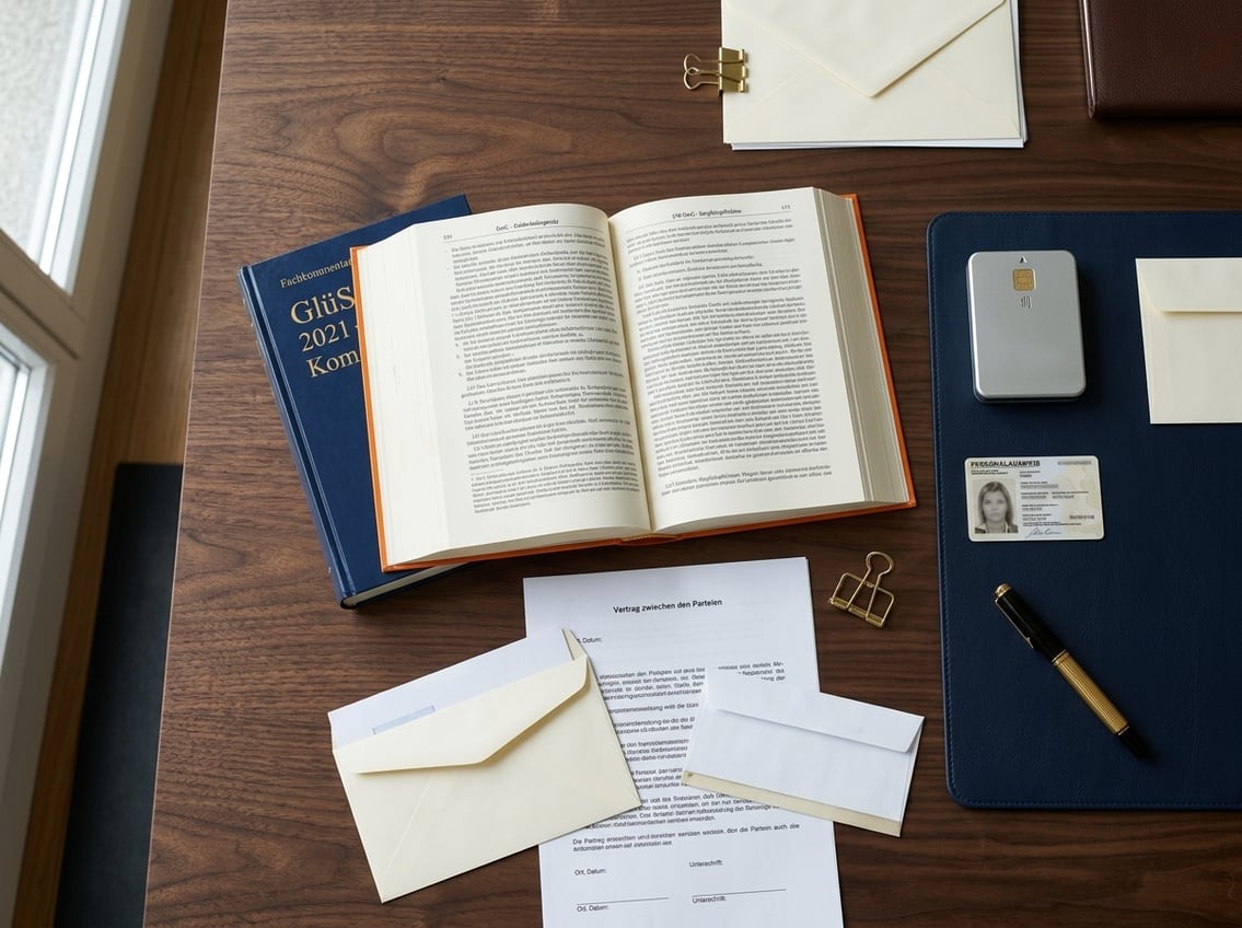 Fachliteratur zum Geldwäschegesetz und zum Glücksspielstaatsvertrag neben einem Kartenlesegerät, einem Ausweisdokument und einem Vertragswerk auf dem Kanzleischreibtisch