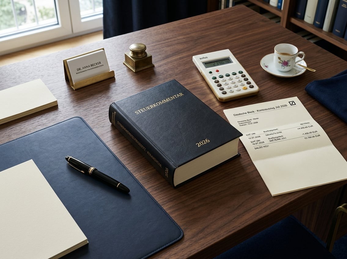 Bureau der Nöder Consulting in Frankfurt am Main mit Schreibtisch, Kontoauszügen, Taschenrechner und Fachliteratur zur Casino-Besteuerung