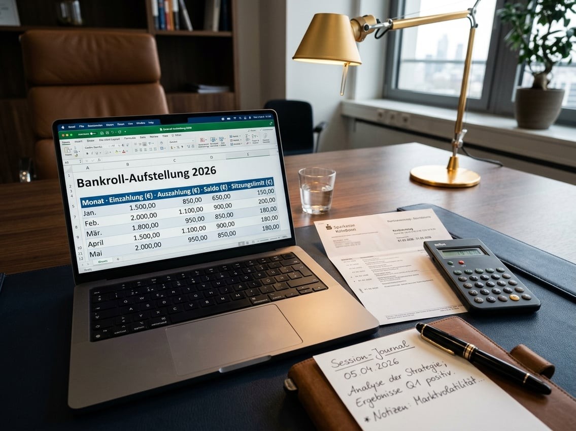 Detailaufnahme einer Excel-Tabelle mit Bankroll-Aufstellung, Kontoauszügen und einem Taschenrechner auf dem Schreibtisch